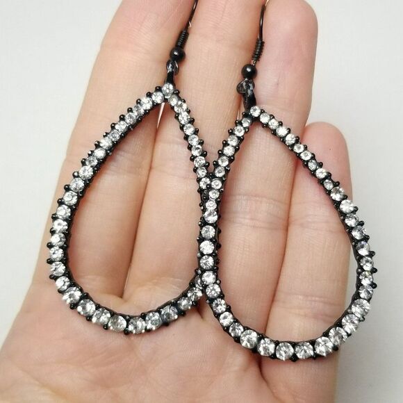 Vintage Large Rhinestone and Black Enamel Dangle Drop Shape Earrings, Estate - Picture 5 of 6